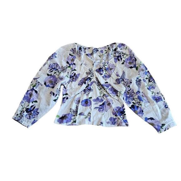 Anthropologie womens Sz S white purple floral V neck Ruched knit top - Picture 1 of 8